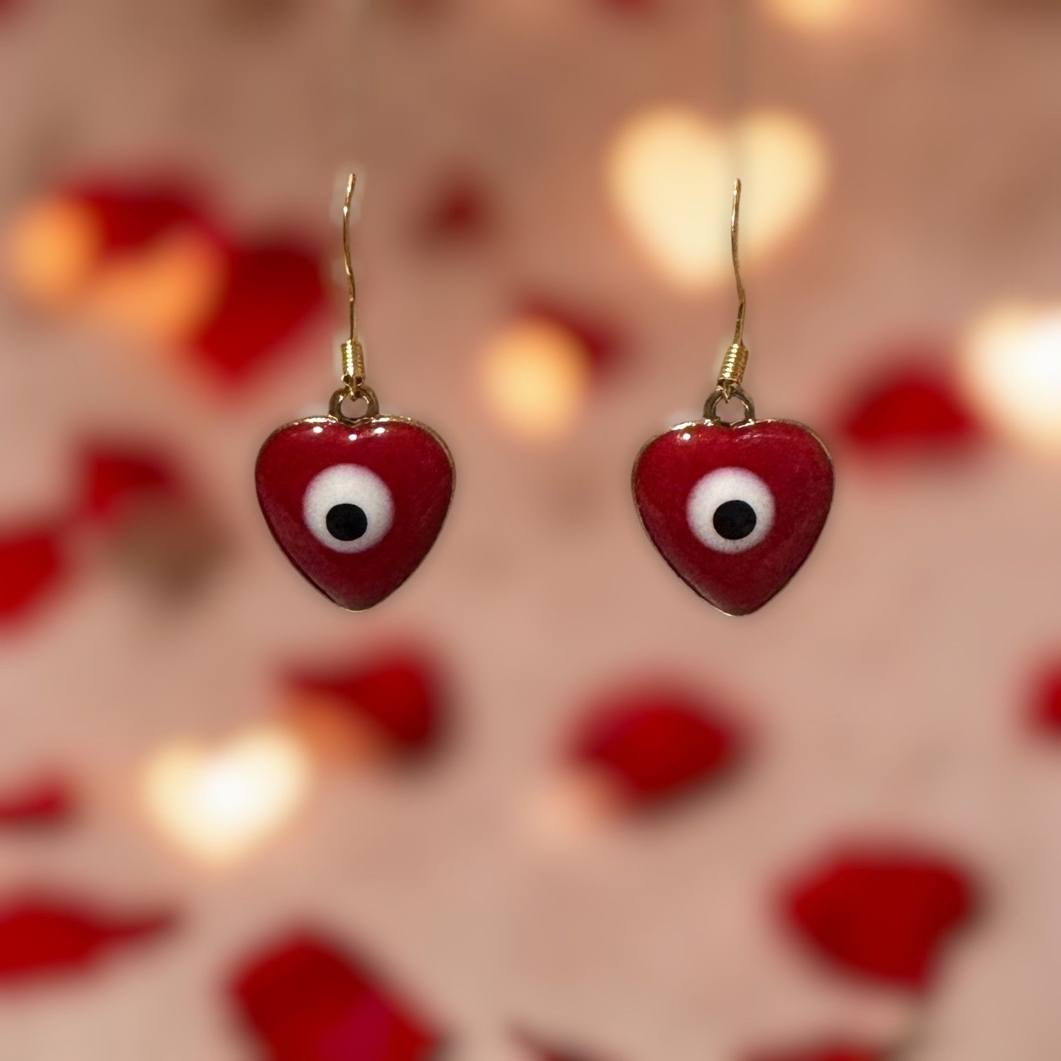 Enamel Red Evil Eye Heart Gold Earrings #2259